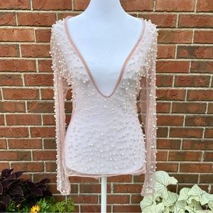 Sheer Pink Pearl Beaded Fishnet Top Stretchy Long Sleeve Deep V Pastel/Baby Pink